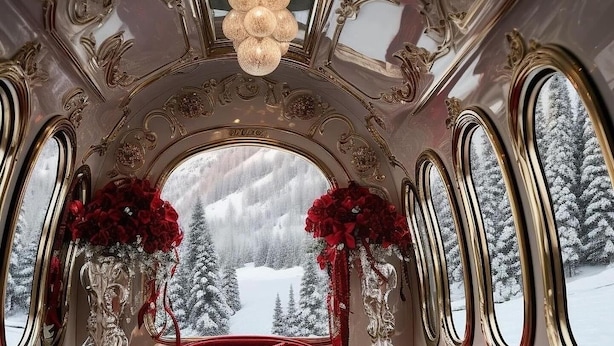 A luxurious train interior with red velvet seating, ornate gold detailing, and a snowy landscape view through the windows.