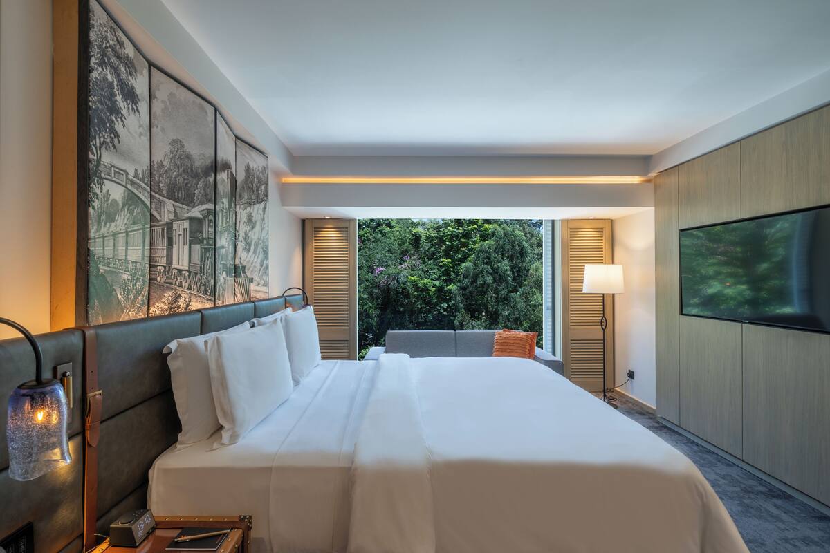 Una habitación de hotel moderna con una cama grande, televisión y vistas a zonas verdes por la ventana.