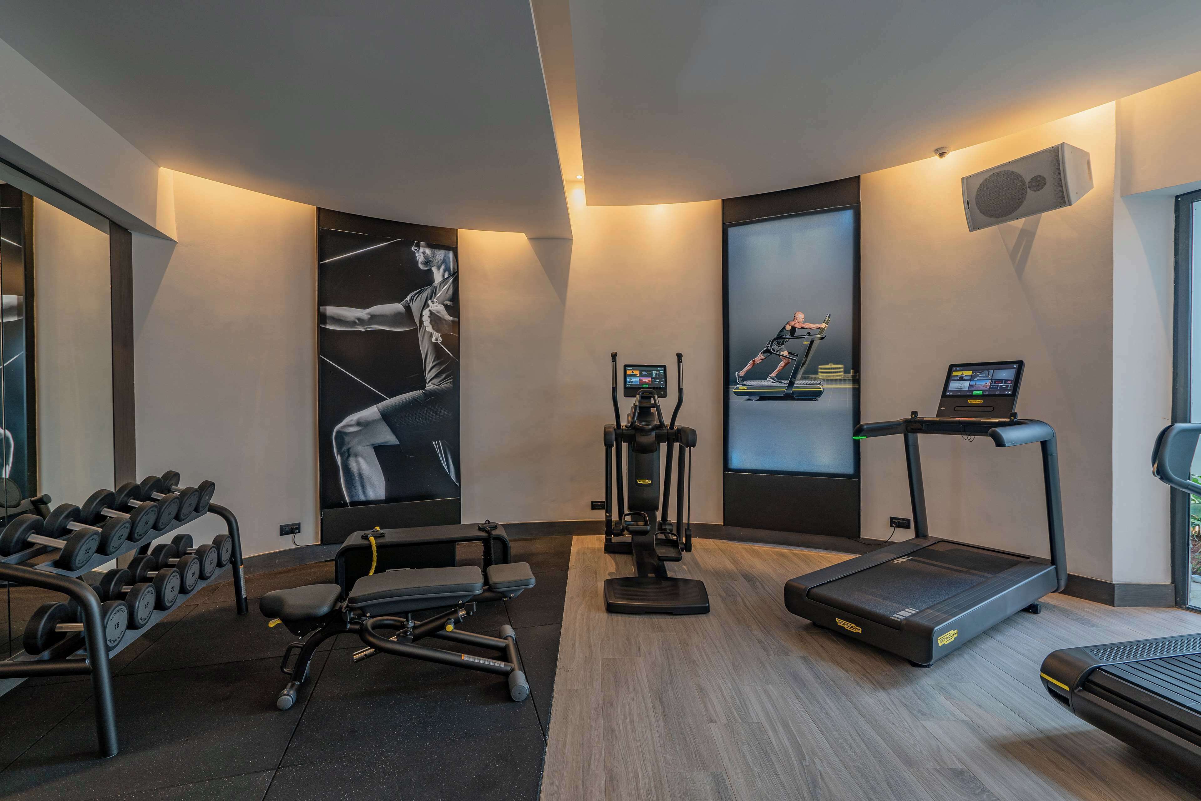 A modern gym with various exercise equipment, including dumbbells, a bench, a treadmill, and a stationary bike.