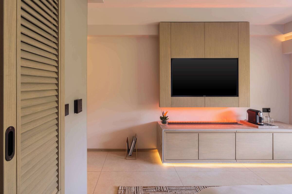 Una sala moderna con un televisor de pantalla plana montado en un mueble de madera, una planta pequeña en la encimera y una alfombra estampada en el suelo.