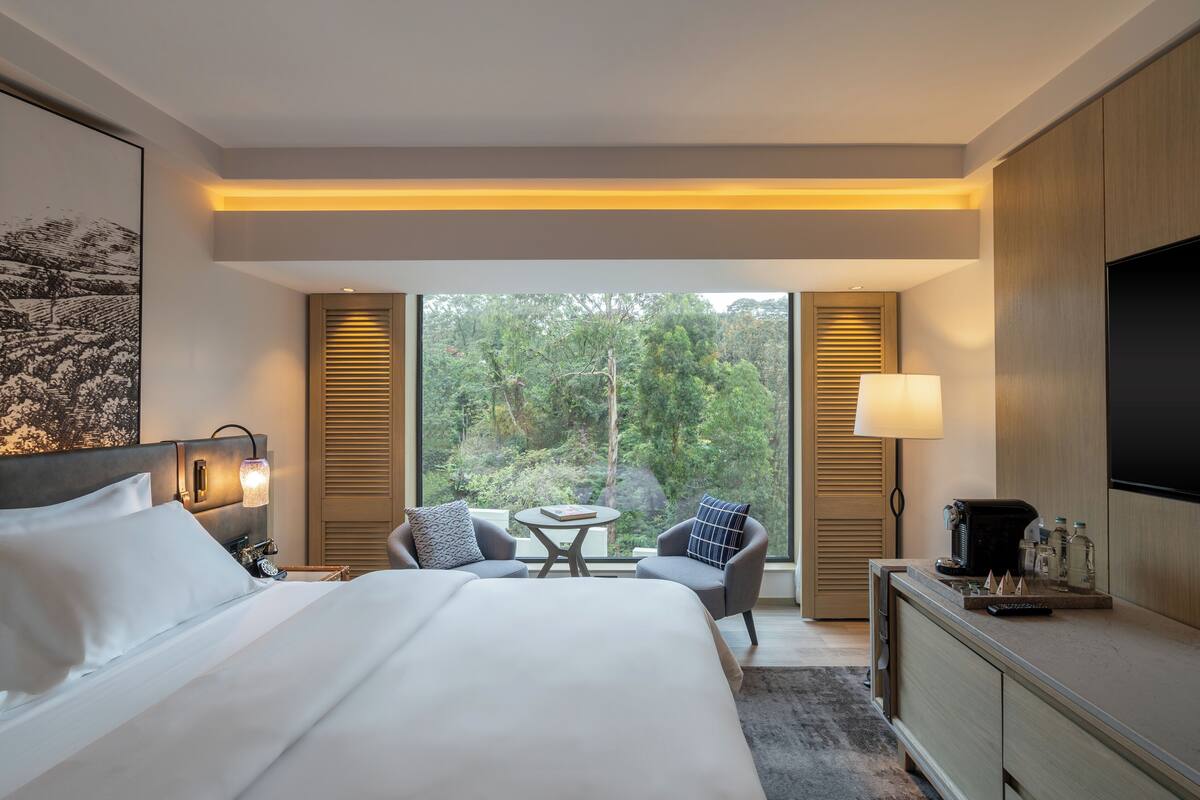 Una habitación de hotel moderna con una cama grande, un escritorio, una silla, un televisor y vistas al exterior.