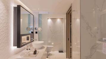 A modern bathroom with a large mirror, two sinks, a bathtub, and a shower.