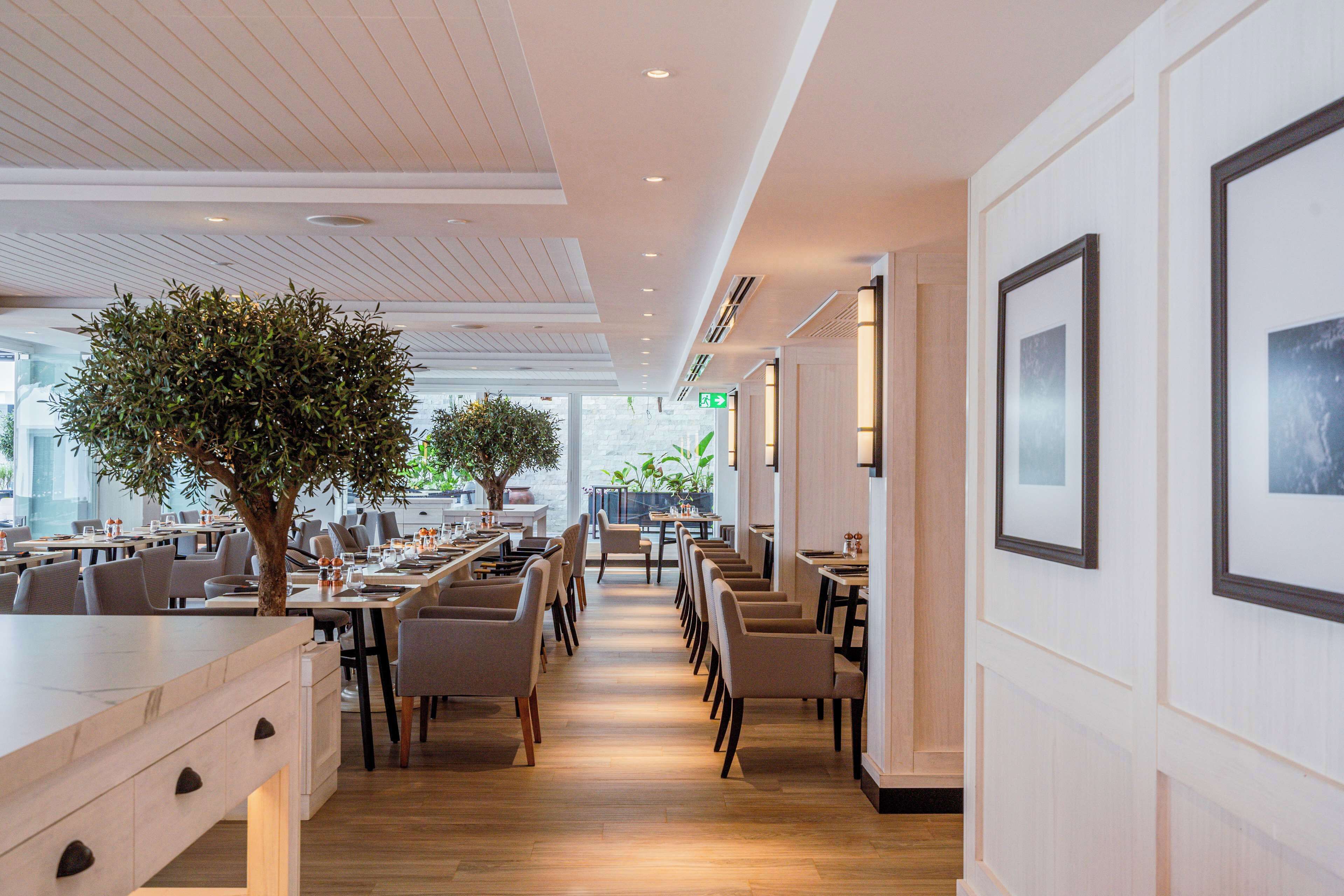 C'est un restaurant moderne doté d'une grande salle à manger, de tables et de chaises en bois. Des plantes en pot et des tableaux encadrés décorent les murs.