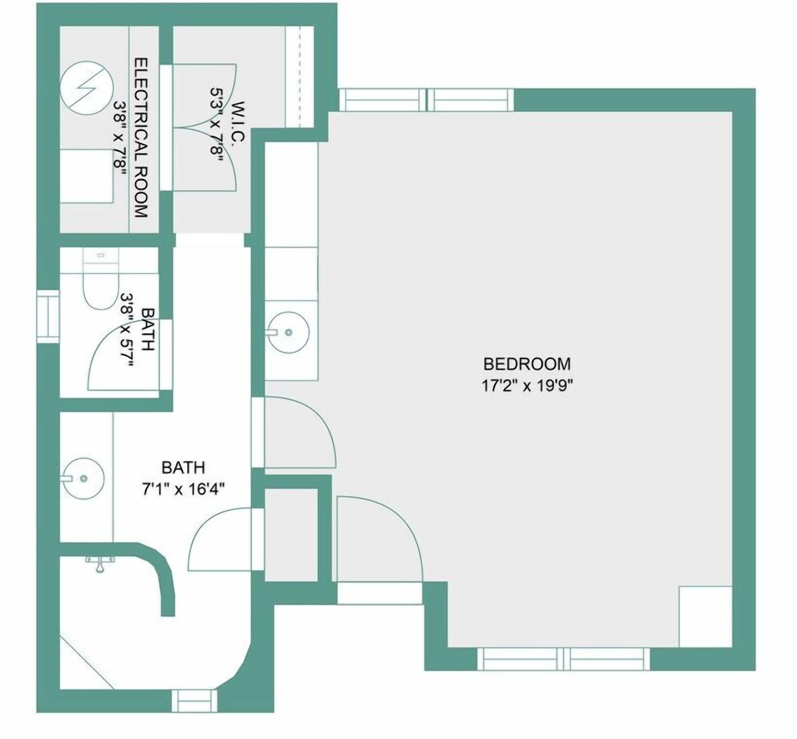 A bedroom measuring 17'2" x 19'9" with an adjacent bathroom of 7'1" x 16'4".
