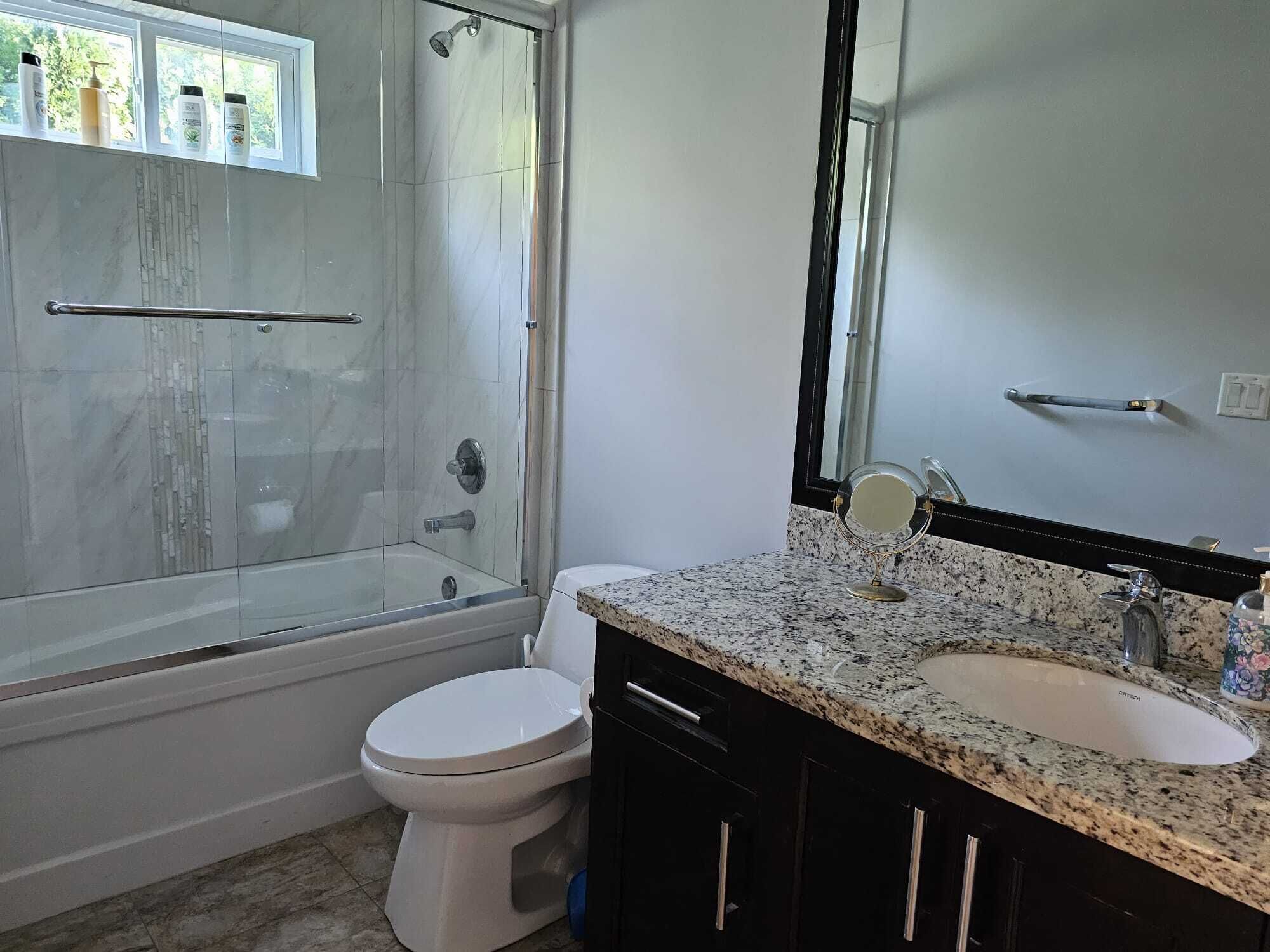 A modern bathroom with a glass-enclosed shower, a toilet, a sink with a granite countertop, and a large mirror.