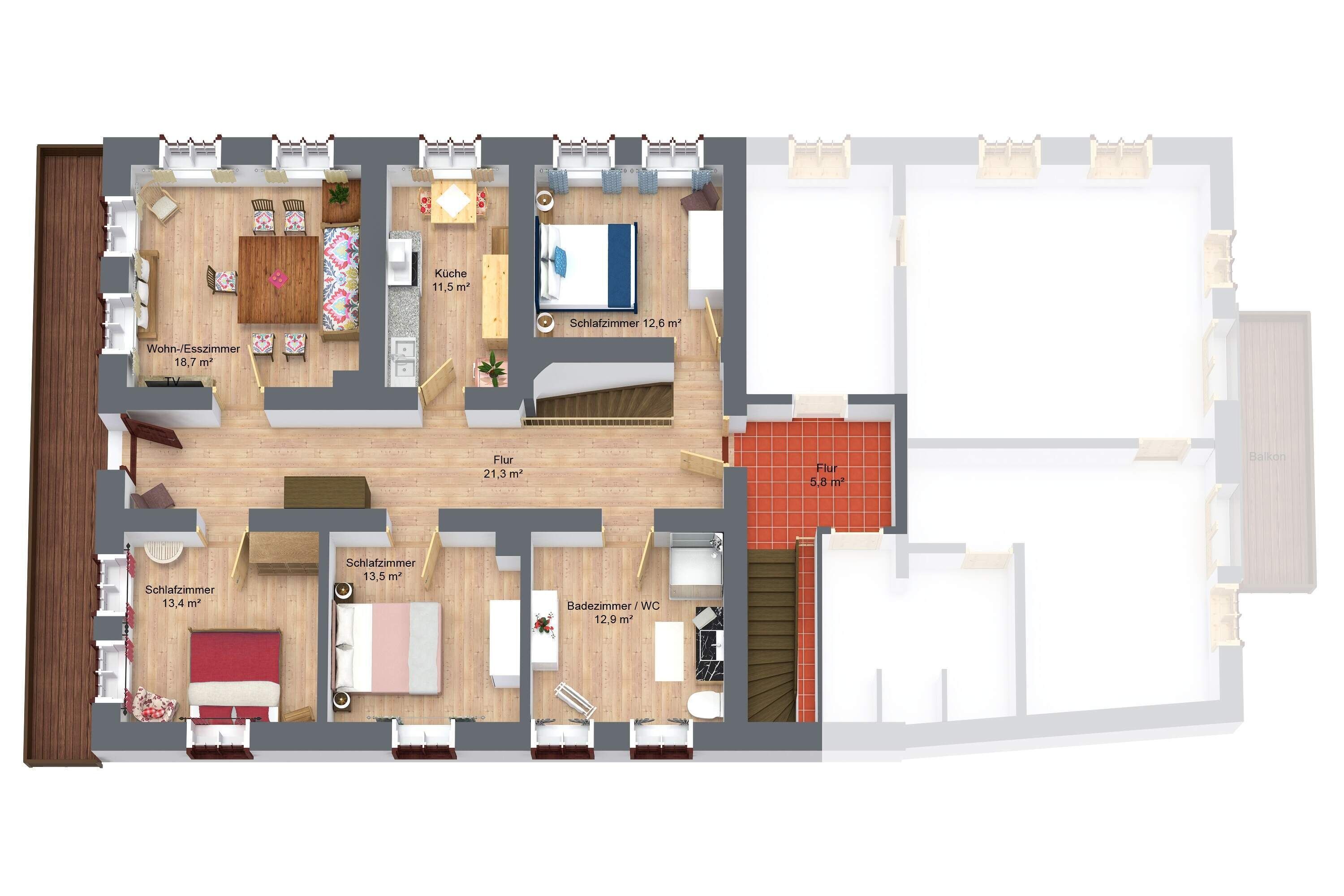 Un plan d’étage d’hôtel comprenant un salon, une cuisine, deux chambres, une salle de bain et un balcon.