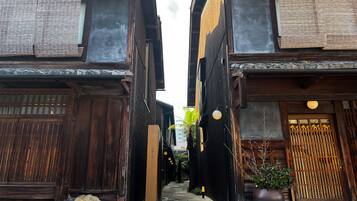 A narrow alleyway between traditional wooden buildings with a stone pathway, a large rock, and a potted plant.
