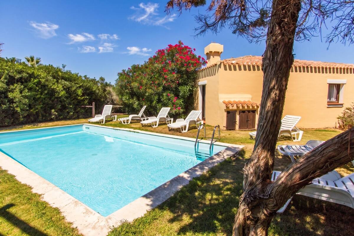 Une piscine avec des chaises longues, un arbre et un bâtiment doté d’un toit en tuiles.