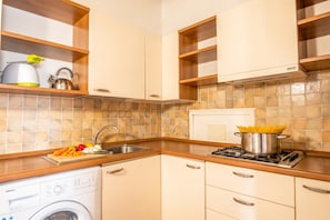 A kitchen with a washing machine, a stove, and a sink. - Sea Villas (Stintino)