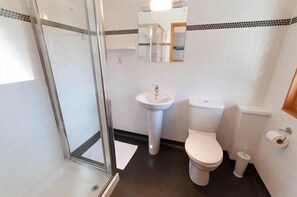 Bathroom features a glass-enclosed shower, pedestal sink, toilet, and trash bin.
