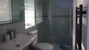 Une salle de bain moderne avec une douche à parois de verre, un lavabo blanc et des toilettes.