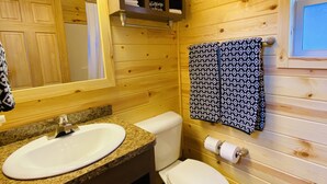 Ein Badezimmer einer Holzhütte mit einem Waschbecken auf einer Granitplatte, einer Toilette und einem Spiegel.