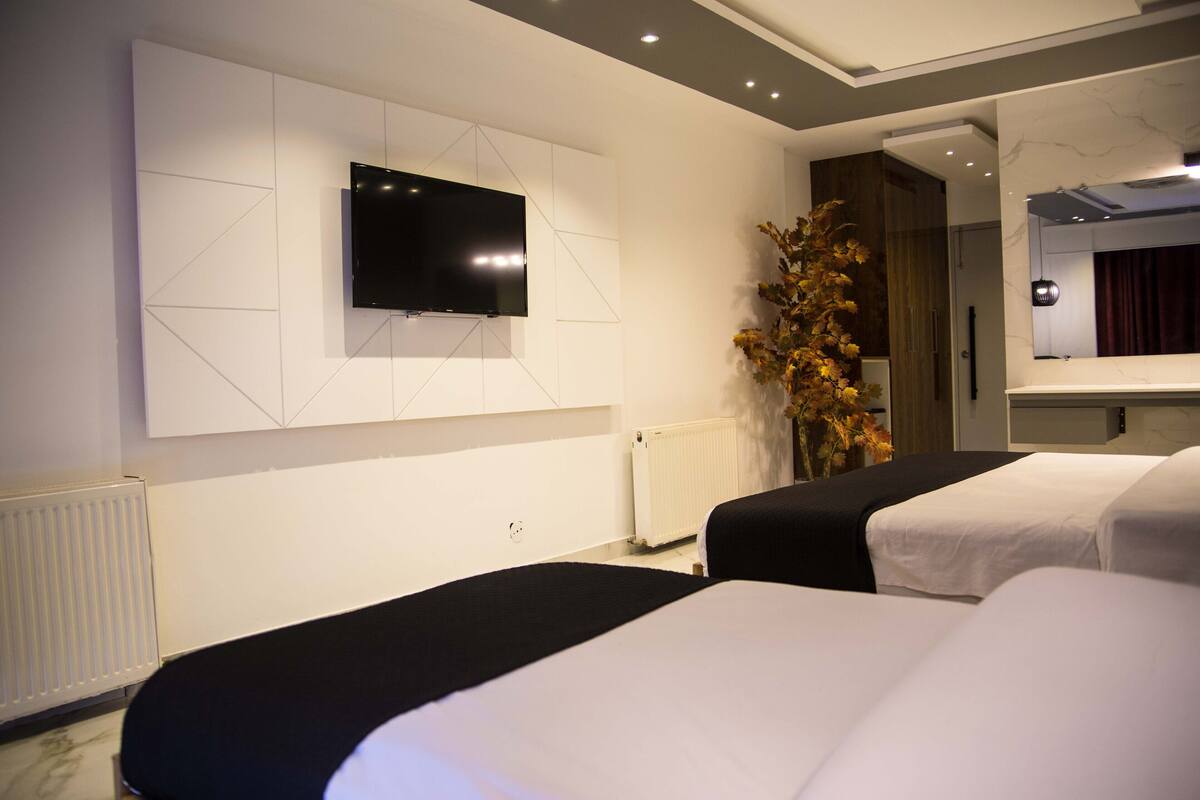 A hotel room with two beds, a flat-screen TV mounted on the wall, a radiator, and a large mirror.