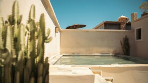 Zona de piscina con cielo azul despejado, un cactus y una sombrilla.