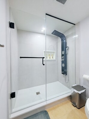 Douche, sèche-cheveux, serviettes fournies, savon