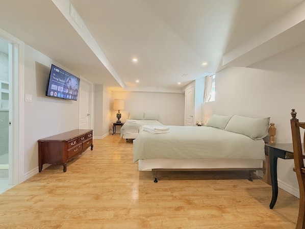 Family Quadruple Room, 2 Double Beds, Private Bathroom | Egyptian cotton sheets, premium bedding, desk, laptop workspace