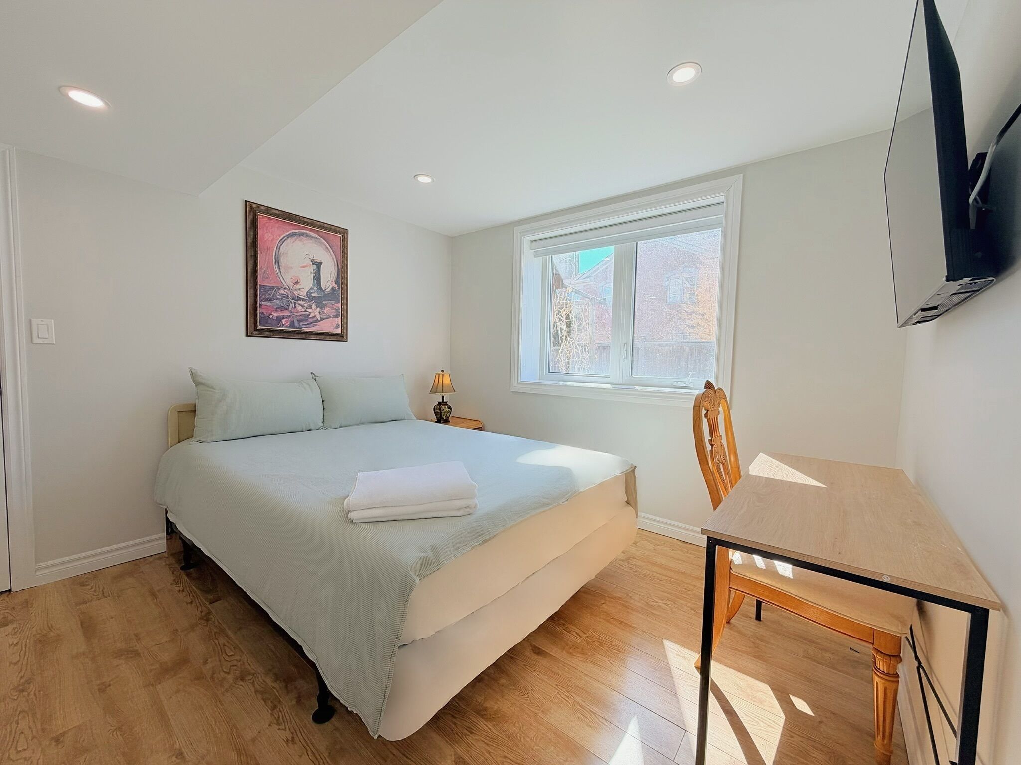 Egyptian cotton sheets, premium bedding, desk, laptop workspace