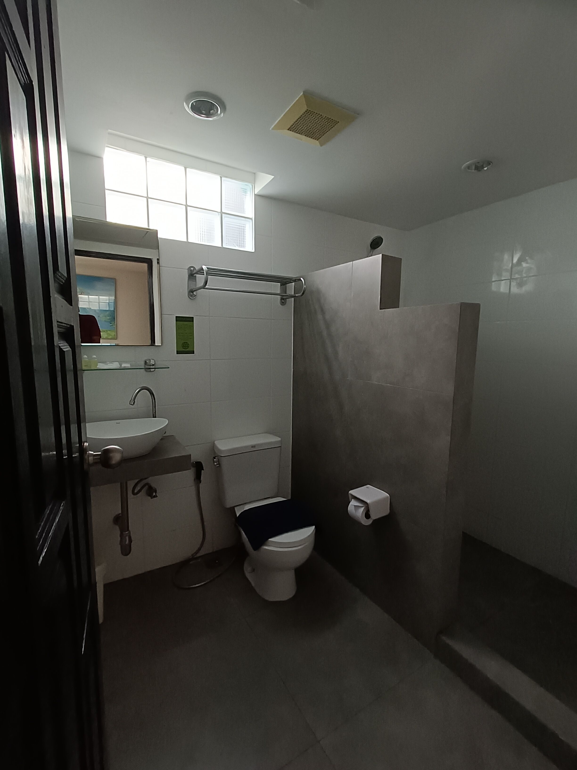 A bathroom with a toilet, sink, and shower.