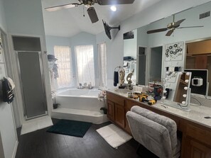 Hair dryer, towels, soap, shampoo