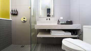 Shower, rainfall showerhead, eco-friendly toiletries, hair dryer