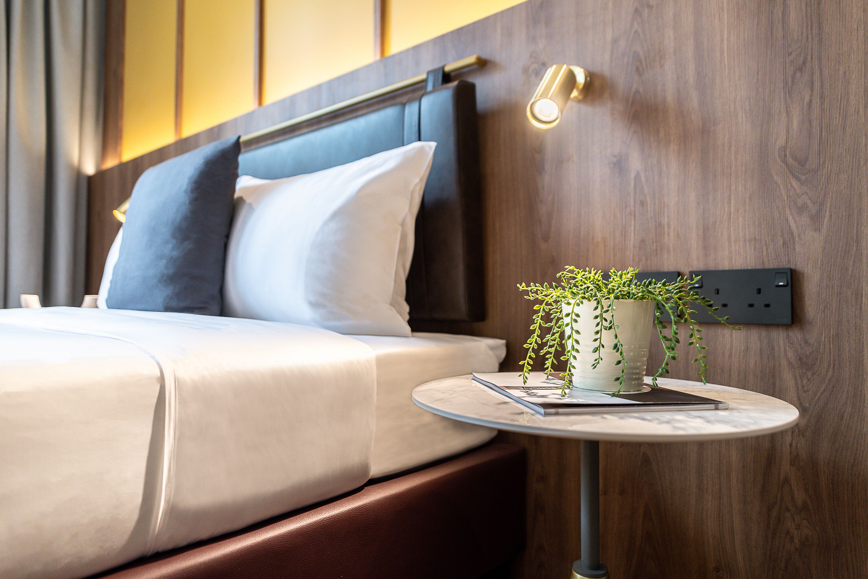A neatly made bed with a headboard, a bedside table with a plant, and a wall-mounted light fixture.