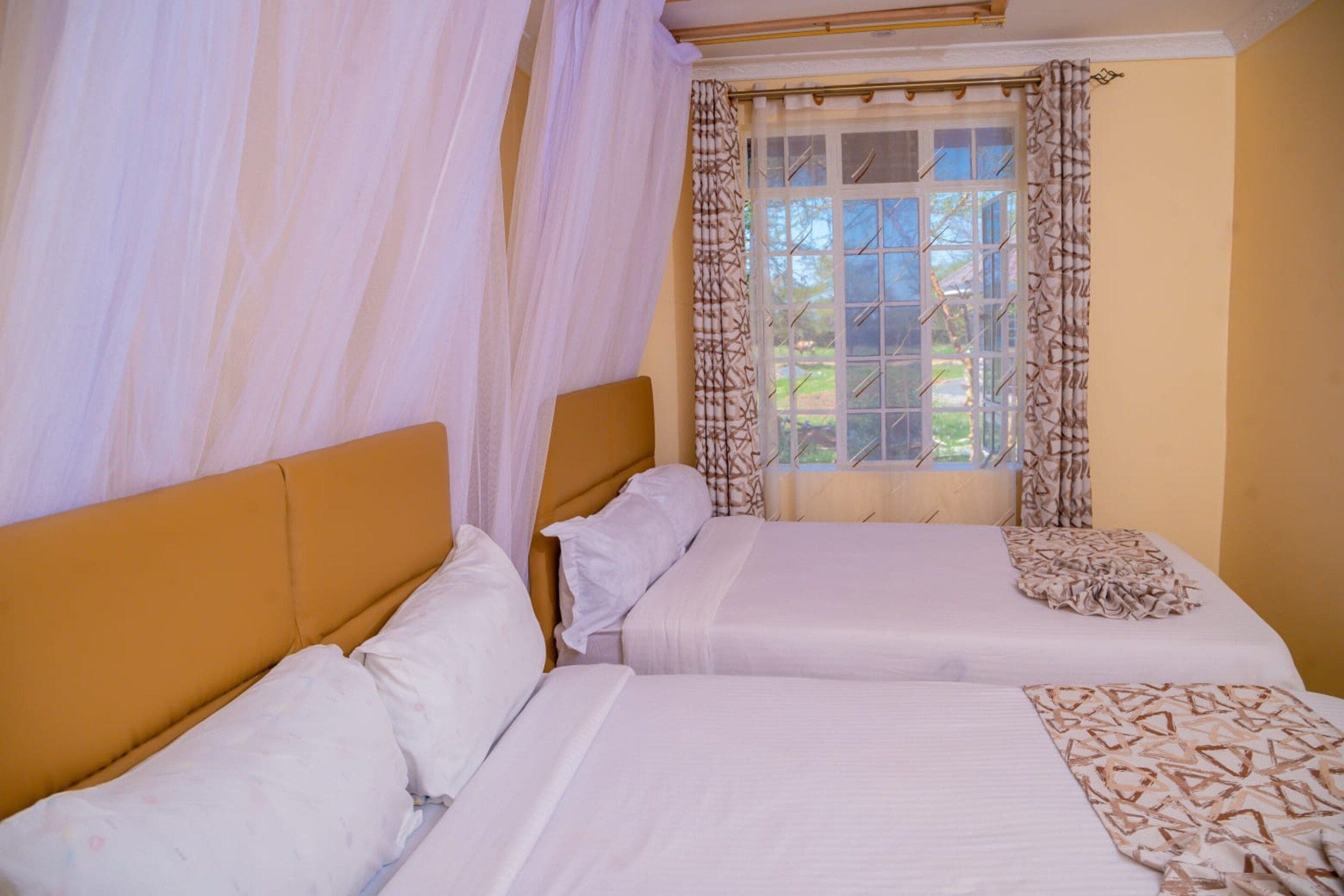 A hotel room with two beds, a window with patterned curtains, and a view of greenery outside.