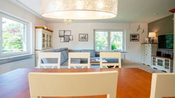 Fernseher, Kamin, Bücher, Stereoanlage