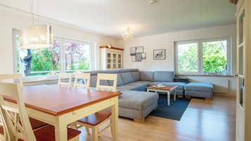 TV, fireplace, books, stereo