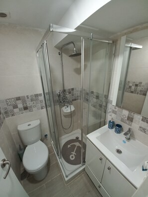Shower, hair dryer, towels, toilet paper