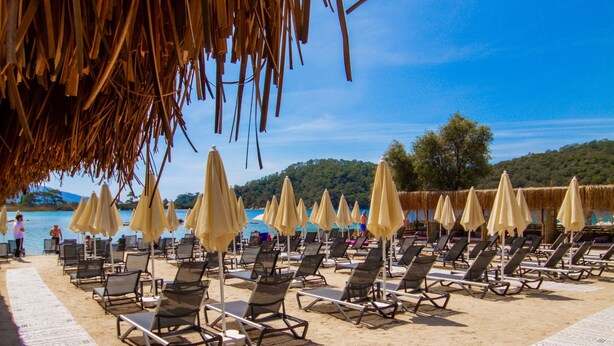 Une plage bordée de rangées de chaises longues et de parasols, une structure à toit de chaume et un ciel bleu dégagé.