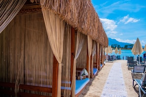 Private beach, sun loungers, beach umbrellas