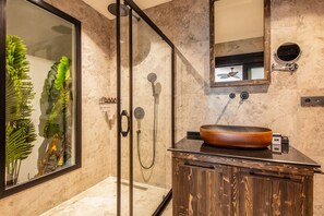 Shower, rainfall showerhead, hair dryer, slippers