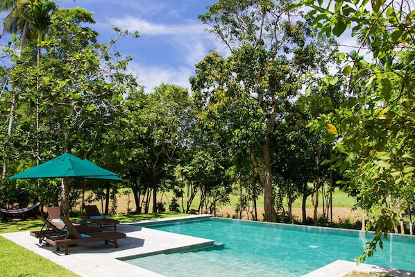 A swimming pool with lounge chairs and an umbrella, surrounded by trees.