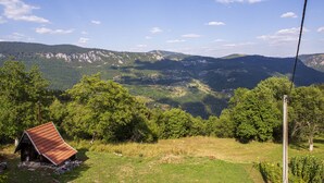 Una cabaña rústica con techo inclinado, rodeada de vegetación exuberante y montañas al fondo.