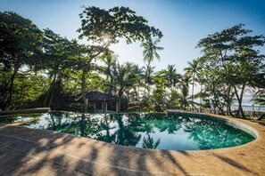 A swimming pool surrounded by lush greenery and a small hut. - A Sophisticated Spacious Beach Villa With 20 Meter Water Slide (Polgahamulla)
