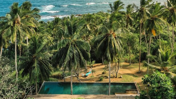 A tropical resort with a pool, palm trees, and a view of the ocean. - Sustainably Designed Villa Overlooking Indian Ocean (Tangalle)