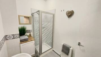 Shower, hair dryer, towels, toilet paper