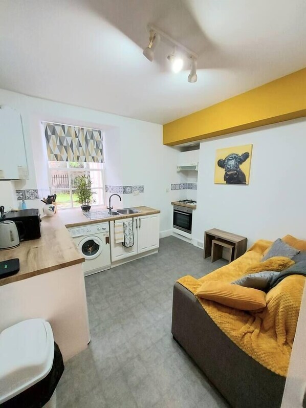 A compact living space with a kitchenette, a sofa, and a dining area.