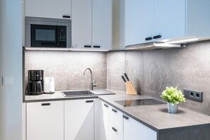 Comfort-Apartment | Eigene Küche | Großer Kühlschrank, Mikrowelle, Herdplatte, Geschirrspüler