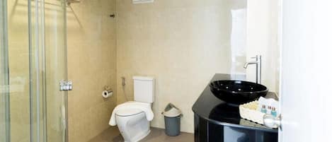Un baño moderno con ducha envuelta en vidrio, inodoro y lavamanos negro con espejo.