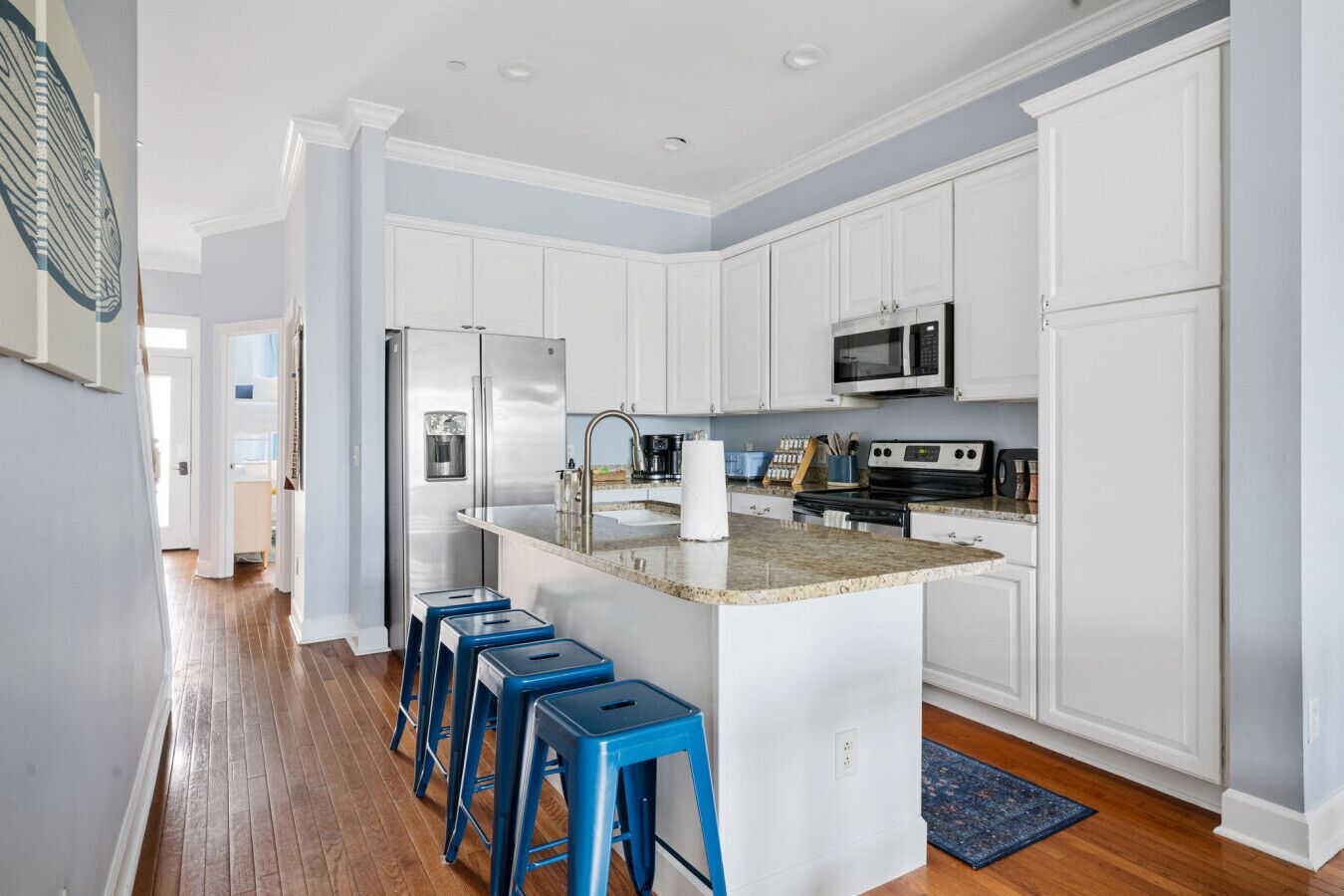 Fridge, coffee/tea maker, cookware/dishes/utensils