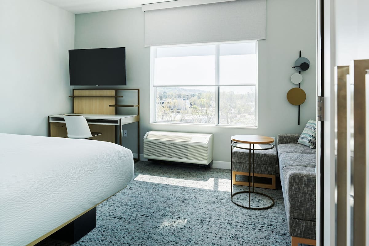 A hotel room with a bed, a desk with a chair, a TV, a radiator, a sofa, a small round table, and a window with a view of buildings.