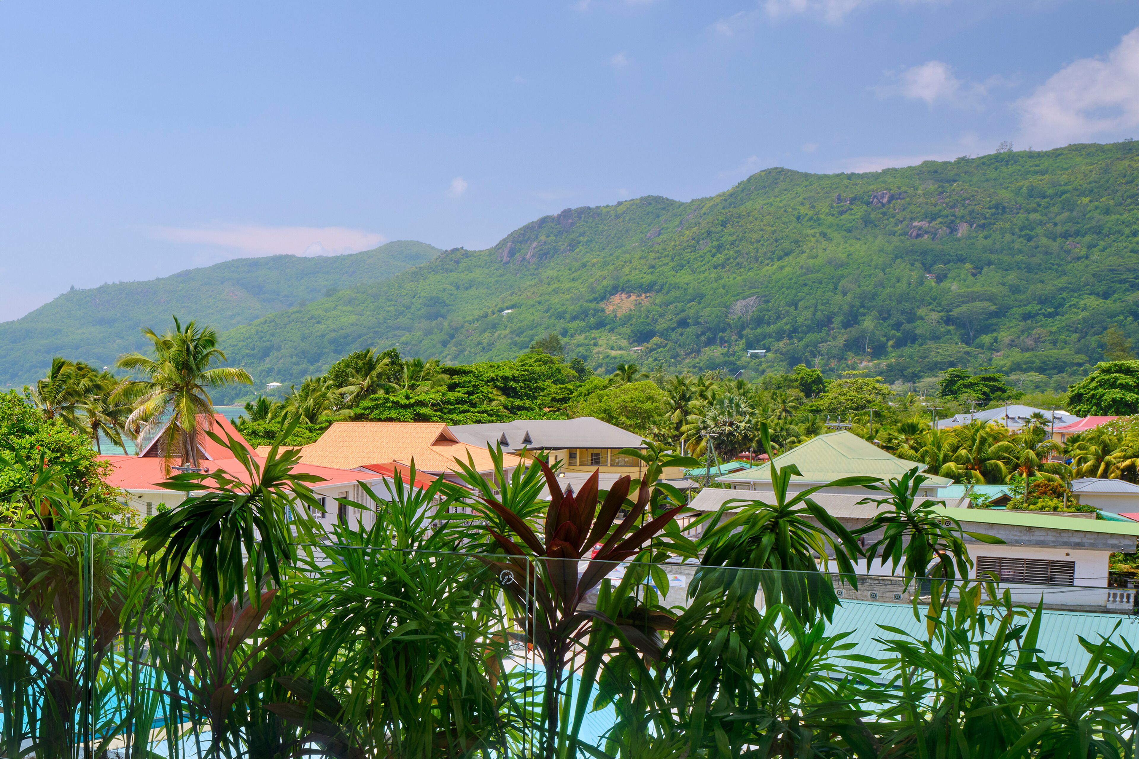A tropical resort with a pool, lush greenery, and a mountain backdrop.