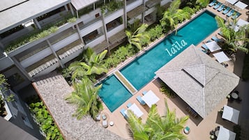 Outdoor pool, pool umbrellas, pool loungers