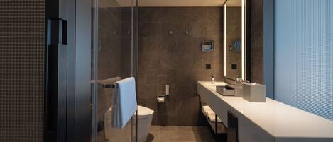 A modern bathroom with a glass shower enclosure, a white toilet, and a large mirror above the sink.