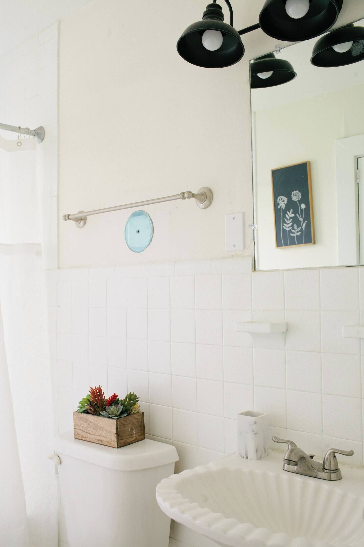 Our full bathroom is upstairs with both bedrooms