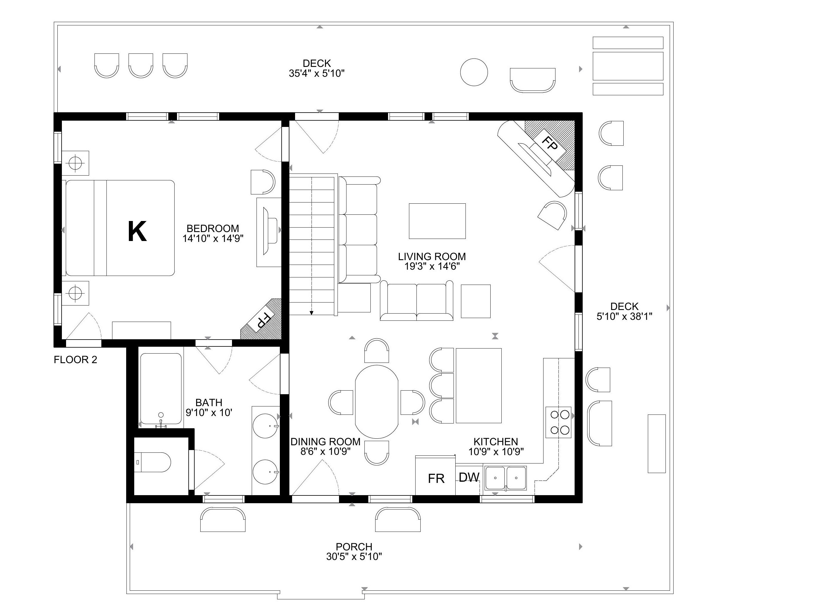 A floor plan of a hotel room with a living room, bedroom, dining room, kitchen, bathroom, and porch.