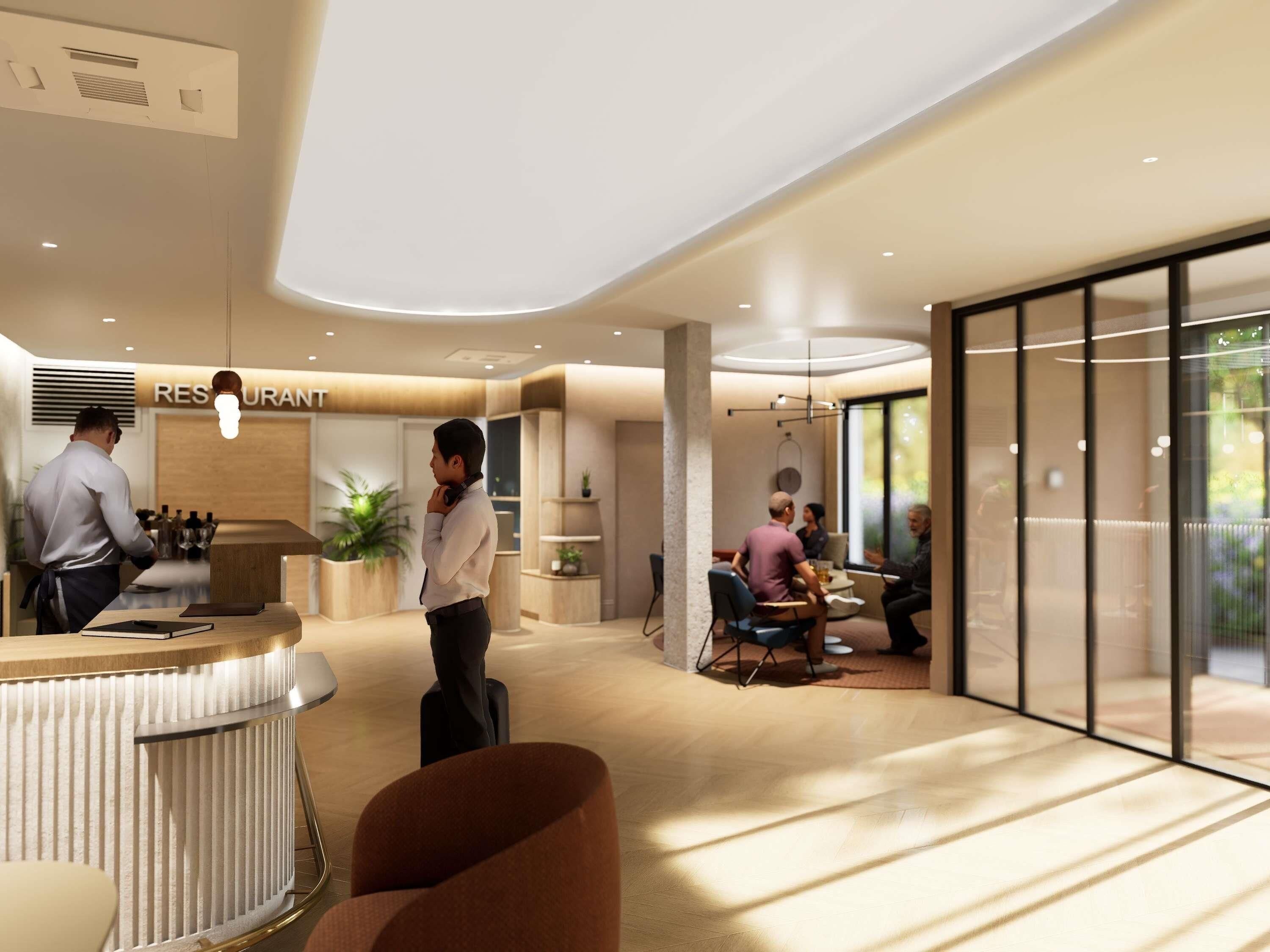Un interior de restaurante moderno con barra, asientos y vistas a través de amplios ventanales.