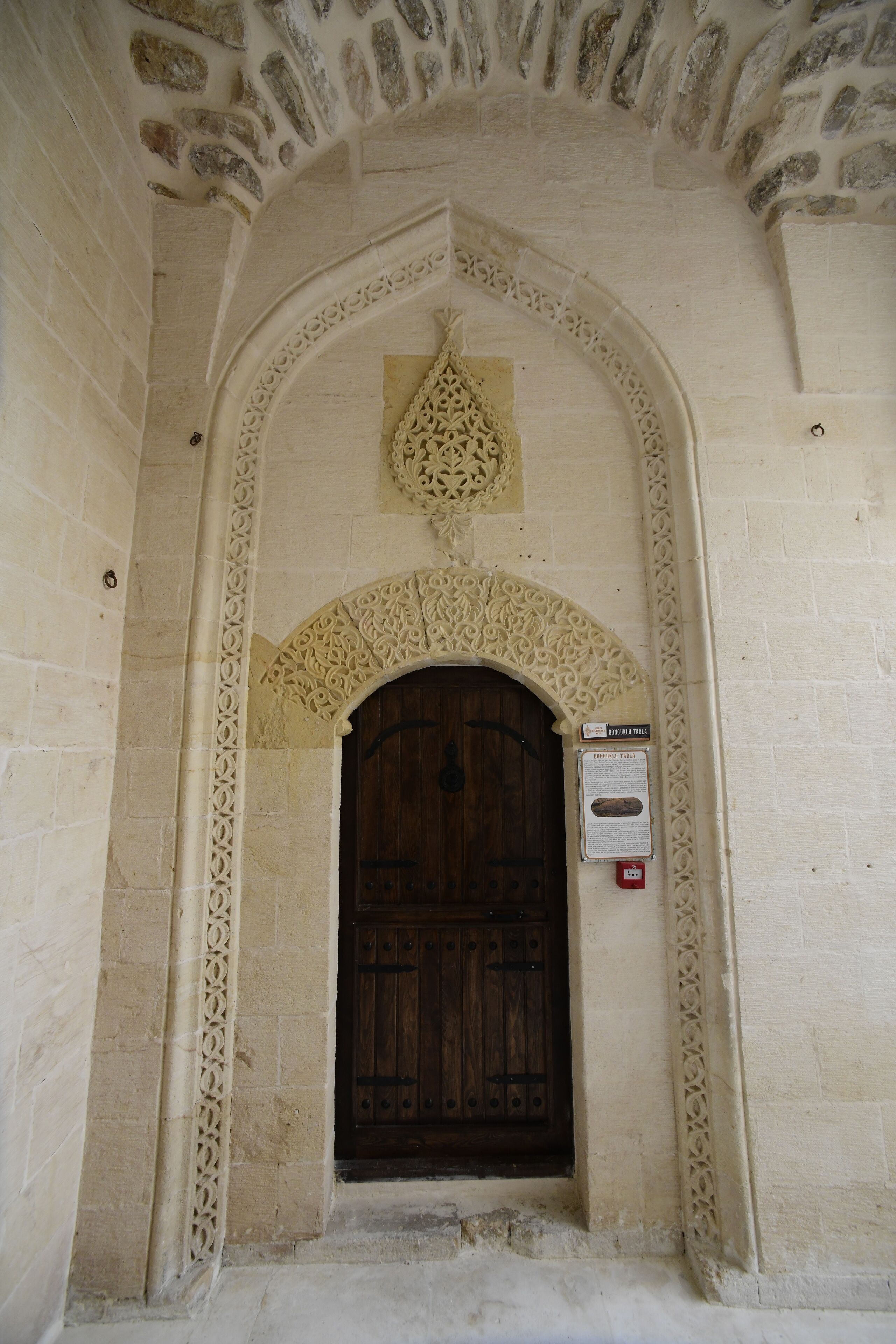 An ornate stone doorway with intricate carvings and a wooden door.