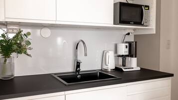 Deluxe Apartment | Private kitchen | Fridge, microwave, oven, stovetop